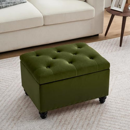 Zihanhome Velvet Storage Ottoman Bench, Button Tufted Ottoman with Hidden Storage, Upholstered Foot Rest Stool with Solid Wood Legs for Living Room, Bedroom, Entryway & Small Spaces (Olive Green) - color: Velvet-olive Green