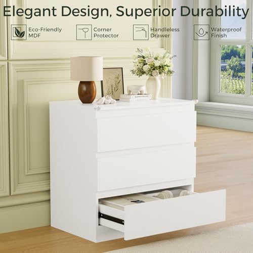 White 3 Drawer Dresser for Bedroom Clothes Storage | Small Space, High Gloss, Handle-Free, Modern, Wide Wooden Chest, for Living Room, Entryway, TV Stand, Night Stand - size: 15.6"D x 22.9"W x 26.2"H (3 Drawers)
