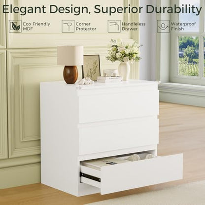 White 3 Drawer Dresser for Bedroom Clothes Storage | Small Space, High Gloss, Handle-Free, Modern, Wide Wooden Chest, for Living Room, Entryway, TV Stand, Night Stand - size: 15.6"D x 22.9"W x 26.2"H (3 Drawers)