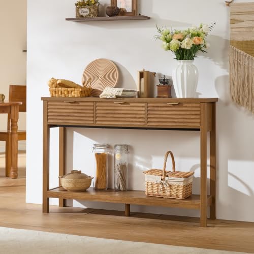LEYAOYAO 47.2" Fluted Console Table with 3 Drawers, Brown Entryway Table | Modern Wood 2 Tier Entry Table, with Open Storage Shelf, Farmhouse Sofa Table Behind Couch, for Living Room, Hallway, Foyer - color: Tea Brown
