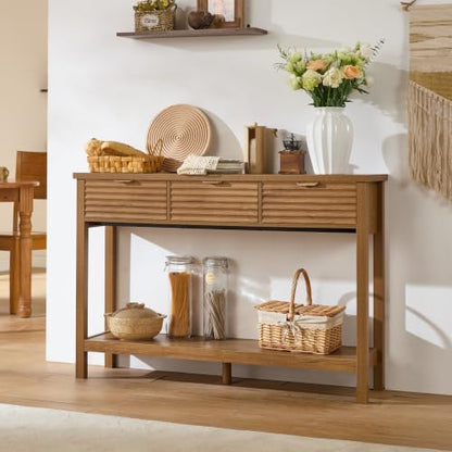 LEYAOYAO 47.2" Fluted Console Table with 3 Drawers, Brown Entryway Table | Modern Wood 2 Tier Entry Table, with Open Storage Shelf, Farmhouse Sofa Table Behind Couch, for Living Room, Hallway, Foyer - color: Tea Brown