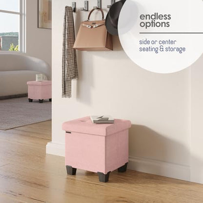 Storage Ottoman Cube with Small Bin, 15-in Square Ottoman with Storage for Living Room and Bedroom, Small Ottomans Foot Rest, Fabric Foot Stools Ottomans Max 330lbs, Pink - color: 10 - Pink