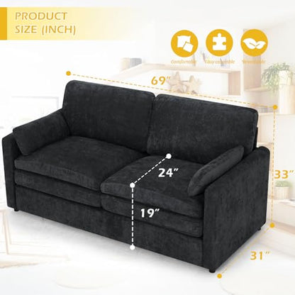 3 Pieces Chenille Sofa Set w/Two Arm Pillows, Black | Upholstered Loveseat & 2 Pieces 3-Seater Sofa w/Soft Cushions, Modern 2-Seat & 3-Seat w/High-Density Foam for Living Room - color: Black, size: 69" & 89" & 89" Sofa Set