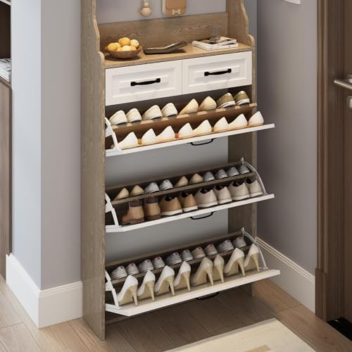 Resenko's Slim Shoe Storage Cabinet with 8 Hooks, Hidden Rack & 5 Drawers for Entryway, Hallway - color: White & Oak