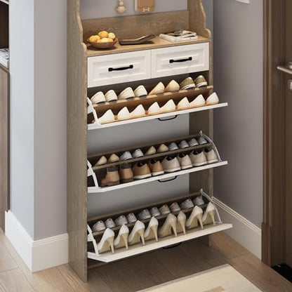 Resenko's Slim Shoe Storage Cabinet with 8 Hooks, Hidden Rack & 5 Drawers for Entryway, Hallway - color: White & Oak