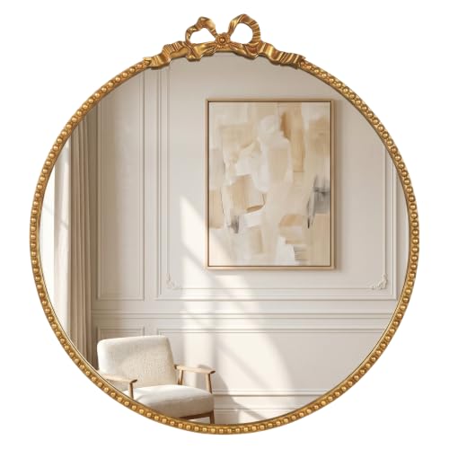 Vintage Round Gold Bow Mirror 24 Inch Beaded Mirror | Beaded Frame,HD Tempered Glass,for Entryway/Bedroom/Hallway/Mantle/Home Decor/Nursery,Wall Mount Screws Included - color: Gold, size: 24"L x 24"W