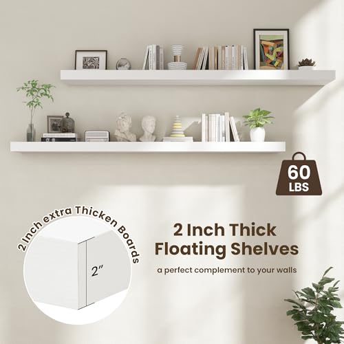 72 Inch Floating Shelves, 12'' Deep White Shelves for Wall Set of 2 | Invisible Brackets, Engineered Wood, Mounting Hardware Included, 60LBS, Bathroom, Laundry Room, Kitchen, Living Room - color: White, size: 72W x 11.6D x 2H, 2 Pack