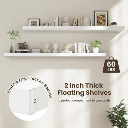 72 Inch Floating Shelves, 12'' Deep White Shelves for Wall Set of 2 | Invisible Brackets, Engineered Wood, Mounting Hardware Included, 60LBS, Bathroom, Laundry Room, Kitchen, Living Room - color: White, size: 72W x 11.6D x 2H, 2 Pack