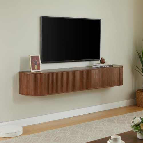 LUMISOL 71” Wall Mounted Floating TV Cabinet with Fluted Doors, Media Console with Cable Management Holes for Living Room, Bedroom, Walnut - size: 70.87"L x 12.6"W x 11.81"H