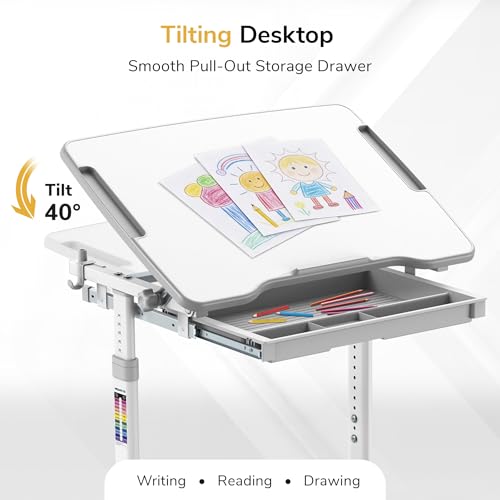 Mount-It! Kids Desk and Chair Set Height Adjustable up to 30" Ergonomic for School - Table and Chairs for Student 26" x 18" Tabletop with Pencil Drawer, 3-10 Age Children, Grey - color: Grey