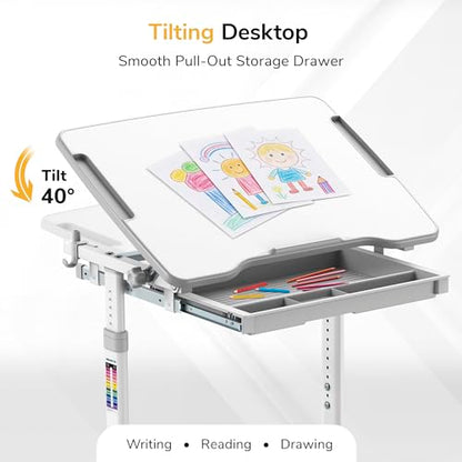 Mount-It! Kids Desk and Chair Set Height Adjustable up to 30" Ergonomic for School - Table and Chairs for Student 26" x 18" Tabletop with Pencil Drawer, 3-10 Age Children, Grey - color: Grey