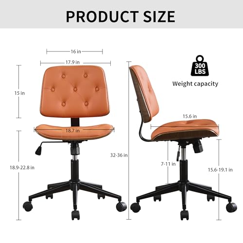 VipDesk Small Armless Desk Chair – PU Leather Mid-Back Ergonomic Office Chair with Adjustable Height, Swivel Wheels, Walnut Frame, Ideal for Small Office, Study, or Bedroom, Orange - color: Orange, size: Button Style