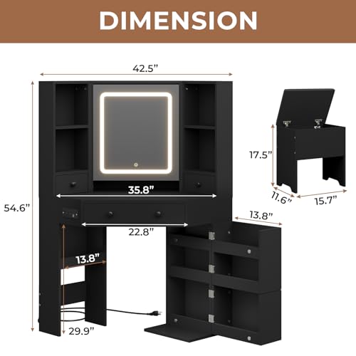 HAUOMS Vanity Desk with Mirror Lights, Storage Bench & Power Outlet, Black | Rotating Cabinet with 6 Shelves, 2 Drawers, 3 Light Settings, Touch Control Mirror, Space Saving for Women Girls - style: Modern Black