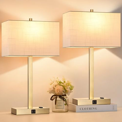 21" Touch Bedside lamps with 2 USB & AC Outlets, 3-Way Dimmable Bedside Table Lamps Set of 2 for Bedroom Living Room Office Reading, White Shade Lamps for Night Stands, 2700K LED Bulbs Included - color: (2 Pack)White Linen & Brass (Base)-2700K Bulbs Inclu