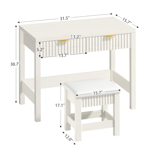 32 Inch Small Fluted Computer Desk with 2 Drawers & Stool for Bedroom | Vanity Desk with Stool, White Computer Desk with Storage, Compact Writing Study Table for Small Spaces - color: White, size: 32-Inch Desk with Stool