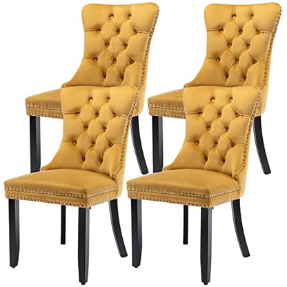 Virabit Velvet Dining Chairs Set of 4, Tufted Upholstered Dining Chairs with Nailhead Back and Ring Pull Trim, Solid Wood Dining Chairs for Kitchen/Bedroom/Dining Room (Gold) - color: Gold, size: set of 4