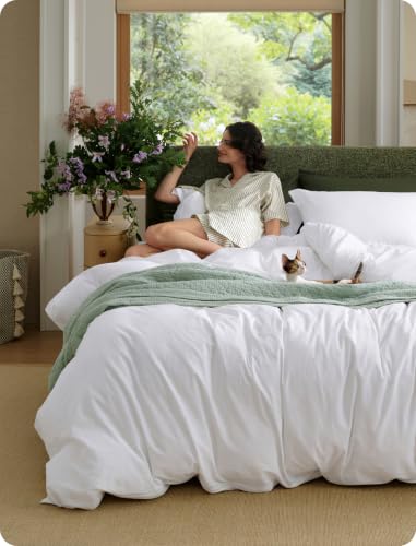 Bedsure PureWoven 100% Washed Cotton Duvet Cover Set, Twin Size, 2-PC | Linen Like Texture, Percale Breathable Bedding Set for All Seasons, Zipper Closure, 8 Corner Ties, Bright White, 68" X 90" - color: 11 - Bright White (No Comforter), size: Twin (68" X