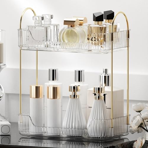 YCIA&DONE Bathroom Organizer Countertop, Makeup Storage, Skincare Cosmetic Tray Shelf, Perfume Holder Rack for Vanity Counter, Large Capacity, Easy to Install, Clean, 2 Tiers, Clear White - color: Clear White, size: 2-Tier