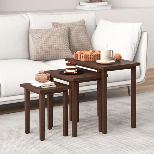Giantex Nesting Tables Set of 3, Farmhouse Stacking Side Table with Rubber Legs, Wooden Rectangle Accent End Table, Nesting Coffee Tables for Living Room Bedroom (Walnut) - color: Walnut