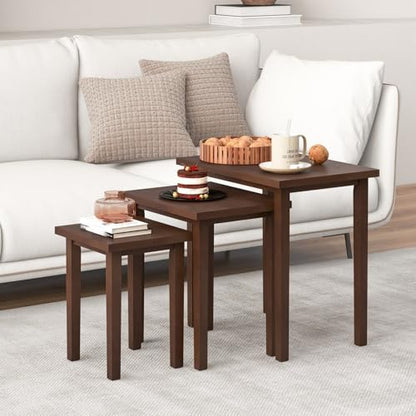 Giantex Nesting Tables Set of 3, Farmhouse Stacking Side Table with Rubber Legs, Wooden Rectangle Accent End Table, Nesting Coffee Tables for Living Room Bedroom (Walnut) - color: Walnut