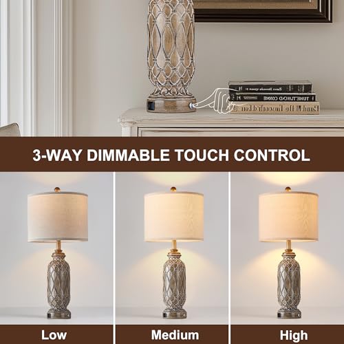 Farmhouse Lamps for Living Room Set of 2, 28" Table Lamps for Bedroom with USB Ports, 3-Way Dimmable Nightstand Table Lamp (Bulbs Included) - color: 4.Brown