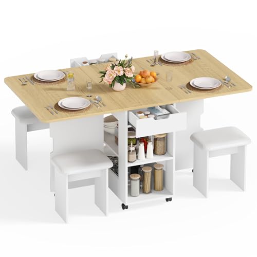 Mondeer 55" Folding Dining Table and Chairs Set 4, Cushioned Stools | 2 Drawers, Storage Shelves, Space Saving Table and Chairs for Kitchen Dining Room Small Spaces, Oak and White - color: Oak and White
