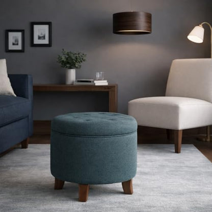 HomePop by Kinfine Fabric Upholstered Round Storage Ottoman - Velvet Button Tufted Ottoman with Removable Lid, Indigo Blue Woven - color: Indigo Blue Woven