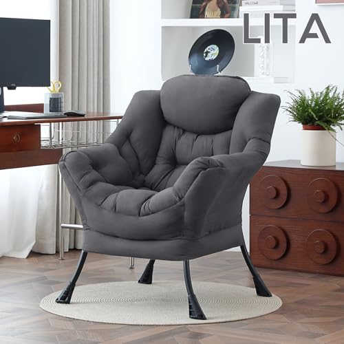 Lazy Chair with Ottoman, Comfy Accent Reading Chair, Dark Grey | Foldable Footrest,Removable Cover,with Armrests and Side Pockets,Upholstered Lounge Chair for Bedroom,Dorm,Office,Small Space - color: Single Dark Grey