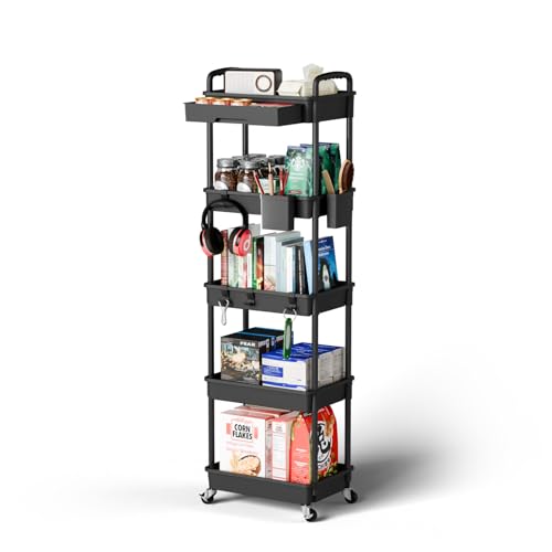 Sorgion 5 Tier Rolling Cart Organizer,Bathroom Cart Organizers with Wheels Laundry Room Organization Mobile Shelving Unit Utility Cart Storage Shelves Multi-Functional for Office, Home(Black) - size: 5Tier-Black