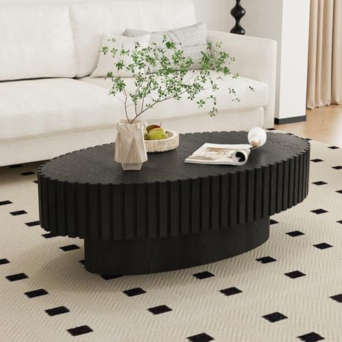 43.3 inch Black Oval Drum Fluted Coffee Table | Mid Century Style Fluted Drum End Table, Handcrafted Wood Fluted Relief, with Sturdy Base, For Living Room & Apartment - color: Black Oval