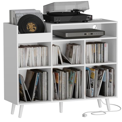 Large Record Player Stand with Vinyl Storage Cabinet, Wood Turntable Table Open Shelf Holder Up to 500 Albums Cube Storage Organizer for Living Room, Office, White - color: White