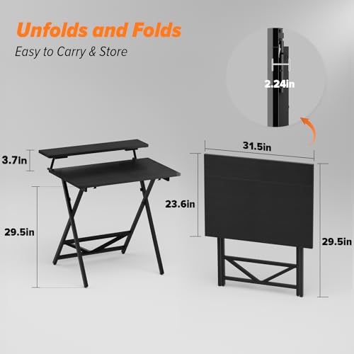 WOHOMO Folding Computer Desk with Monitor Stand, Adjustable Height, Black | Foldable Table Small Office Desk for Bedroom, Space Saving Desk for Home Office, Easy Assembly - color: Black