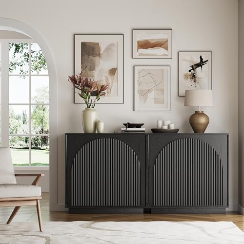 win2win 31.5" Small Buffet Cabinet with Storage, Arched Doors, Black, 1PCS | Modern Console Cabinet for Dining Living Room Kitchen Entryway, Modular Accent Cabinet, Credenza with Wood Grain, Fluted - color: Black