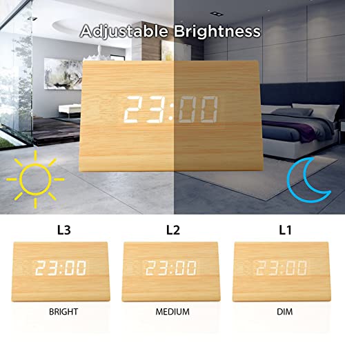 Digital Alarm Clock Wooden Alarm Clock Wood Modern Triangle Alarm Digital Desk Clock, Displays Time Date Temperature Calendar Wood Made Electric Clocks for Bedroom, Bedside - Bamboo - color: Wood