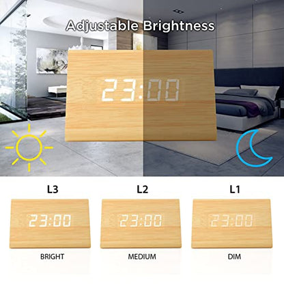 Digital Alarm Clock Wooden Alarm Clock Wood Modern Triangle Alarm Digital Desk Clock, Displays Time Date Temperature Calendar Wood Made Electric Clocks for Bedroom, Bedside - Bamboo - color: Wood