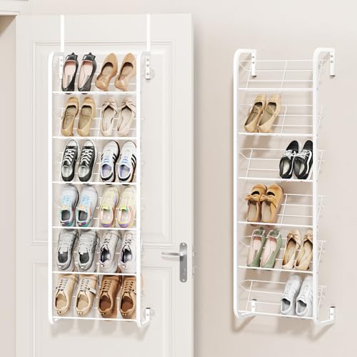SWTYMIKI Over the Door Shoe Organizer - 6 Tier Wall Mount Shoe Rack for Door Storage- Heavy Duty Metal Hanging Shoes Shelf for Flats, Heels, Sneakers, Boots White - color: White, size: 6 Tiers