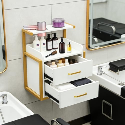 Suspended Salon Wall Cabinet with 2 Drawers & Hair Dryer Holder, Storage Cabinet for Hair Salon, Wall Mounted Styling Station, 15.75'' Wide Storage for Hair Salons, Spas, Home Use (Gold) - color: Gold