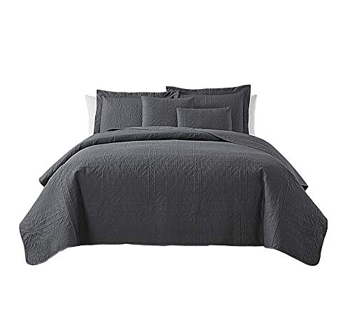 Clara Clark Quilts Twin Size - All Season Bedspread Coverlet Set, Pinsonic Weave Lightweight Bedding Set - 5 Piece Twin Quilt Set with Pillow Shams, Grid - Gray - color: 15 - Grid - Gray, size: Twin