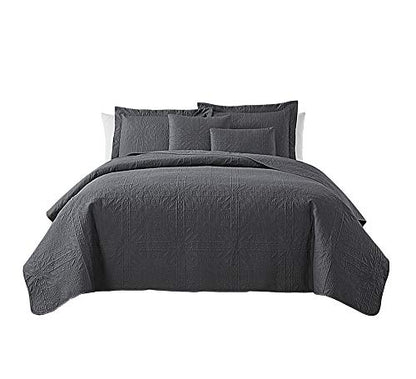 Clara Clark Quilts Twin Size - All Season Bedspread Coverlet Set, Pinsonic Weave Lightweight Bedding Set - 5 Piece Twin Quilt Set with Pillow Shams, Grid - Gray - color: 15 - Grid - Gray, size: Twin