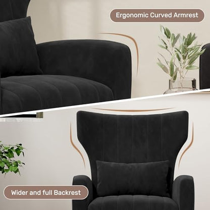 Nebuaegis Velvet Accent Chair Wingback for Living Room, High Back Arm Chair with Golden Legs Lumbar Pillow, Upholstered Single Sofa Bedroom Black - color: Black, size: Set of 1