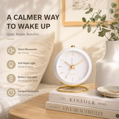 AYRELY® Battery Operated Analog Desk Alarm Clock with Light, Table Clock | Retro Aesthetic Clock with Silent Non-Ticking Movement for Bedside, Bedroom, Kitchen, Office, Travel & Kids' Room (White) - color: White