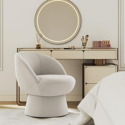 360° Swivel Accent Chair with Curved Back, Modern White Chenille Upholstered Round Barrel Chair, Bucket Armchair for Small Space,Living Room, Bedroom - color: White 02, size: 1 Chair