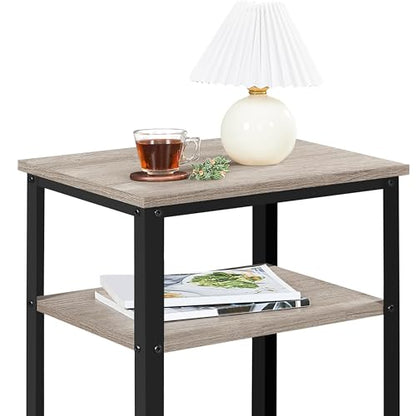 Yaheetech 29.5in Tall End Table, Small Narrow Industrial Nightstand, Gray | Side Table for High-Arm Sofas and Tall Beds, 2 Wood Grain Shelves for Drinks and Storage, Slim 12in Depth, Iron Frame - color: Grey