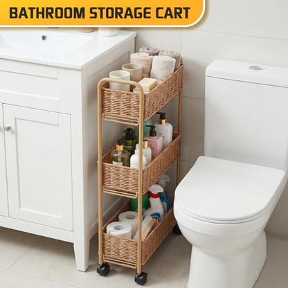Utility Slim Storage Cart,3-Tier Rolling Kitchen Office Laundry Room Cart,Mobile Shelving Unit Organizer for Living Room Bathroom Baby Diaper Narrow Places (Natural, 3 Tiers-7.1 inch (W)) - color: Natural