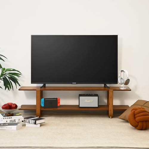 Bamboo TV Stand for TVs up to 65", Media TV Console Table with Storage, Accent Entertainment Center with Shelf, Modern TV Stand for Living Room, Bedroom, 55"(L), Walnut - color: Walnut