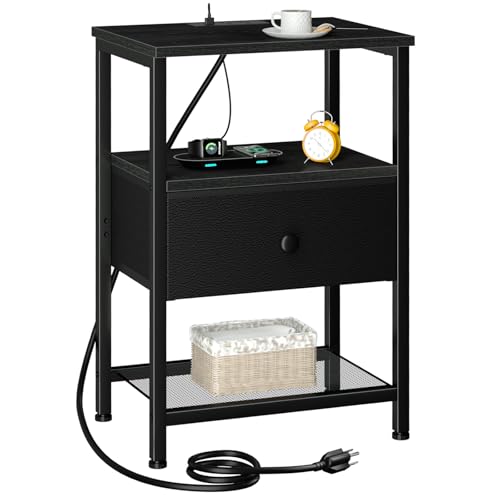 Night Stand, Small Nightstand with Charging Station | Bedside Table with Fabric Drawer, End Table Living Room, Side Table with USB & Type-C Ports for Bedroom, Black - color: Black, style: One-drawer