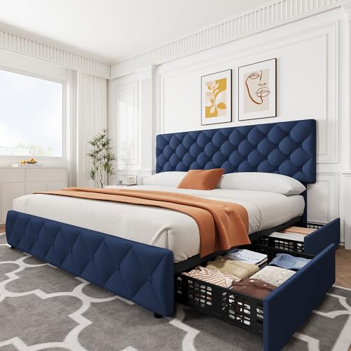 IDEALHOUSE Linen Fabric King Size Bed Frame with 4 Storage Drawers, Blue | Upholstered Platform Bed Frame With Adjustable Headboard, Diamond Stitched Button Tufted, No Box Spring Needed - color: Blue, size: King (U.S. Standard)