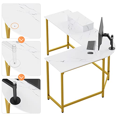 L Shaped Computer Desk with Monitor Stand Reversible White and Gold | Reversible Modern Corner Desk for Home Office Sturdy PC Workstation Study Writing Table