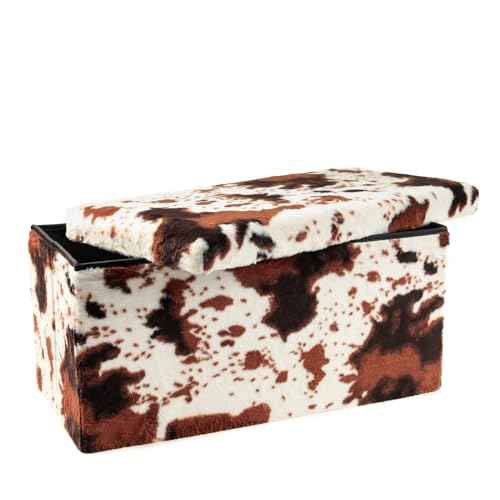 Luxe Faux Fur Storage Ottoman, Cowhide Brown/White, 30 x 15 x 15 in | Engineered Wood, Tool-Free Assembly, Modern Style, Seat And Footrest - color: Cowhide Brown/White, size: 30"D x 15"W x 15"H