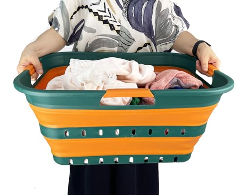 SAMMART 42L (11 gallon) Collapsible Plastic Laundry Basket - Foldable Pop Up Storage Container/Organizer - Space Saving Hamper/Basket (1, Teal Green/Autumn leaf) - color: Teal Green/Autumn leaf